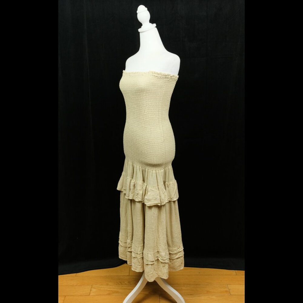 jluxlabel strapless, smocked, ruffled maxi dress in a light beige or ivory color - Picture 3 of 6